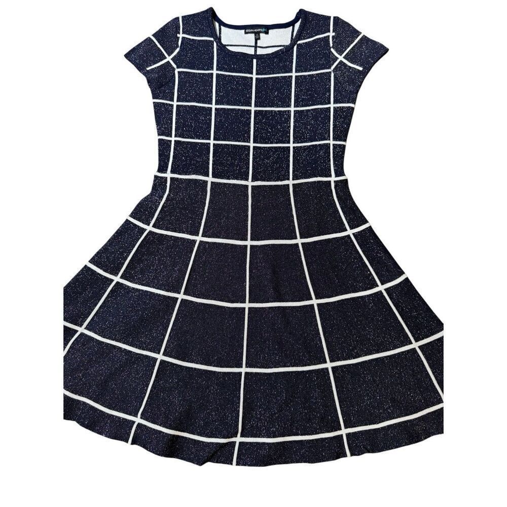 Sequin hearts girls black and white grid-pattern fit and flare sweater dress L